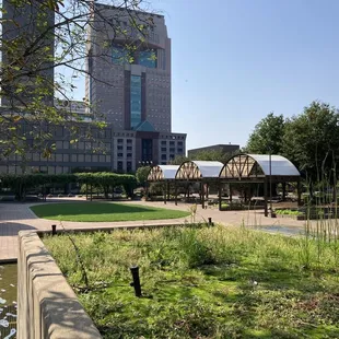 a fountain in the foreground