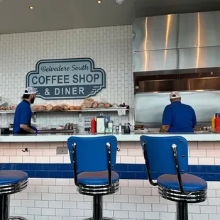the counter and chairs