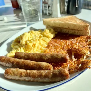 Eggs, sausage links, hash browns &amp; toast
