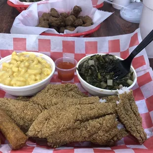 Double filet with Mac and cheese and turnip greens.