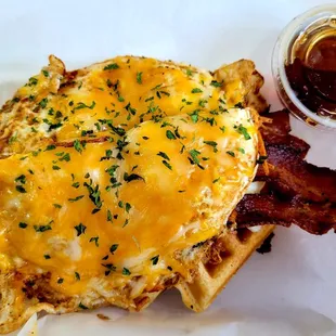 Drunkass Breakfast (bacon, sausage, egg and cheese on a waffle)