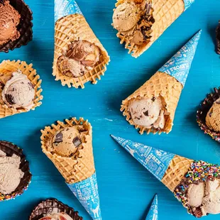 Array of Ben &amp; Jerry&apos;s freshly baked waffle cones.