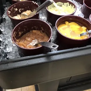 Cinnamon apples, peaches, coleslaw, macaroni salad, cucumbers