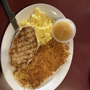 Pork chop,eggs and hash browns