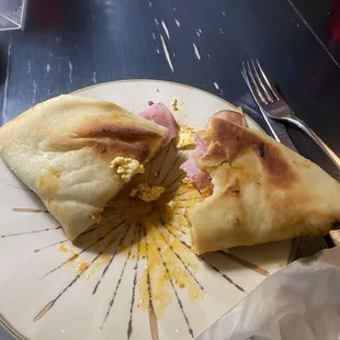 Breakfast Sandwich - scrambled egg, thin sliced ham, cheddar &amp; Swiss on naan bread - delicious!