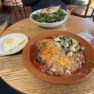 Enchiladas, beans &amp; veggies - with egg on the side