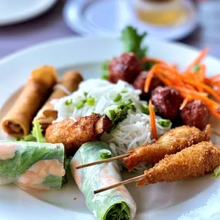 Ben Tre's Appetizer Sampler - Fried Imperial Rolls, Shrimp Spring Rolls,  Pork Patty Skewer, 2 Crispy Shrimps, and a Shrimp Patty Sugar Cane