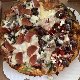 9-inch pizza - half supreme, half Greek