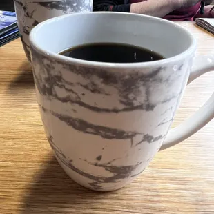 Fresh coffee with plenty of refills in a mug like you might find at your Grandma's house.