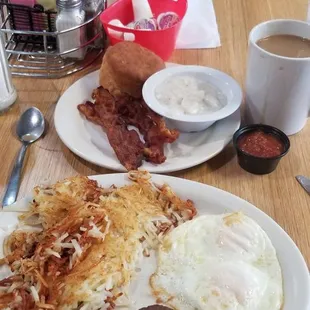 Two egg breakfast with sausage. $6.79 Side of bacon. $2.99 Coffee $2.09