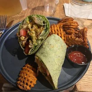 southwest salad wrap with Sweet Potato Waffle Fries - half off during happy hour!