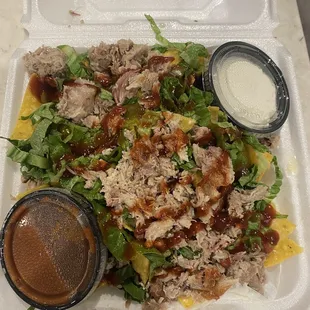 Pork nachos, no corn/beans/tomatoes, very good!