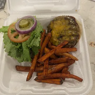 Burger and sweet potato fries, very good!