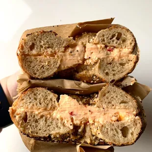 Pimento cream cheese on an everything bagel