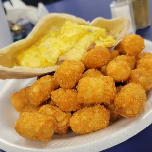 Pita with Egg &amp; Cheese &amp; Fried Bologna with Tater Tots