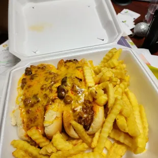 Chilli dog with fries