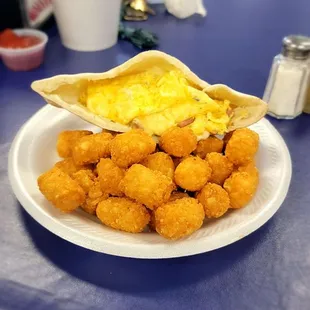 Pita with Egg &amp; Cheese &amp; Fried Bologna with Tater Tots