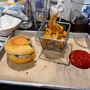 Mushroom Swiss burger and sidewinders.