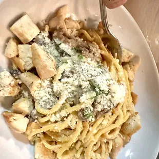 CHEESE WHEEL PASTA with added chicken , so Delicious !