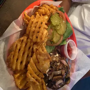 Mushroom burger cooked medium and of course some waffle fries
