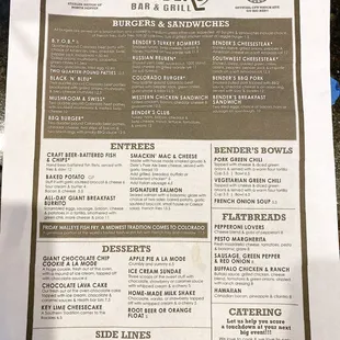 Menu: burgers and entrees