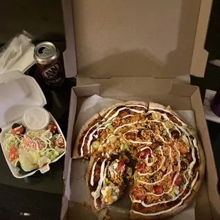 Taco Pizza with a side salad.