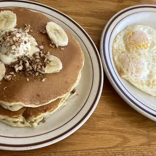 Banana nut pancakes with bacon and eggs on the side!