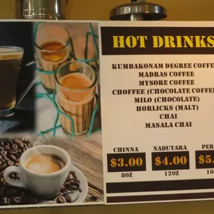 a menu for hot drinks