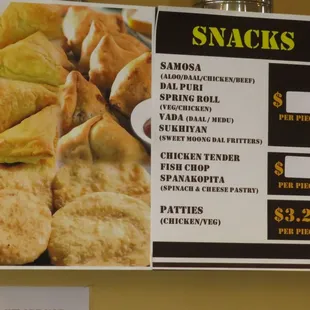 a menu for snacks