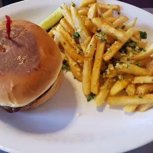 Hamburger with garlic fries