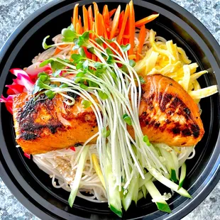 Soy Glazed Salmon Bento with Somen Noodle Salad.