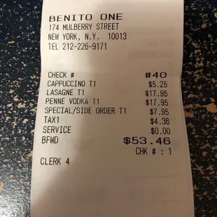 the receipt for the restaurant