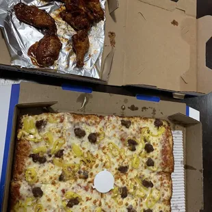 Deep dish pizza and bbq chicken wings.
