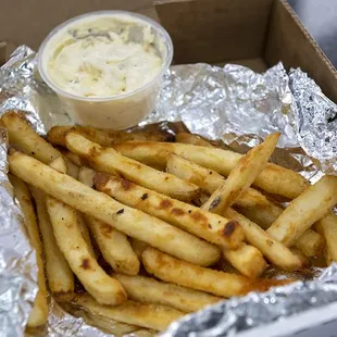 fries with garlic cream cheese dip