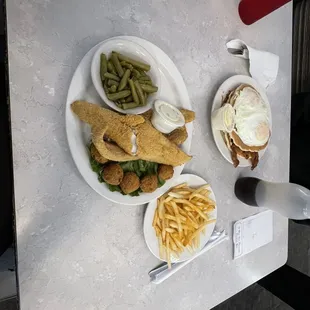 White fish meal and pancake sandwich meal.