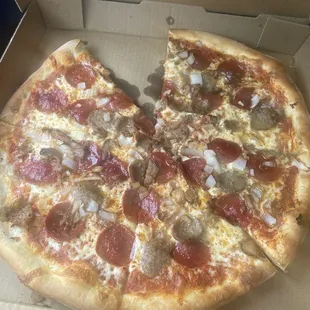 Sausage pepperoni and onion never disappoints