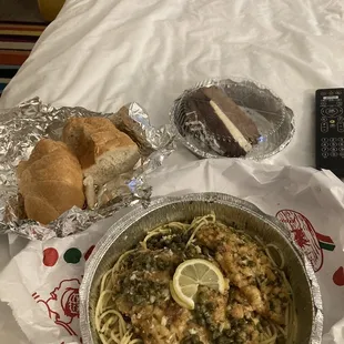 Chicken Franches, Triple layer chocolate cake and complimentary hot bread