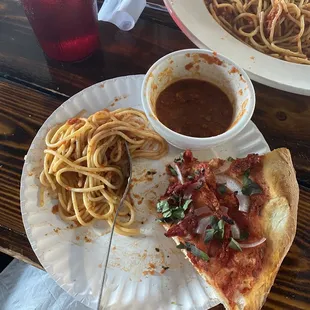 Spaghetti and pizza with no cheese.