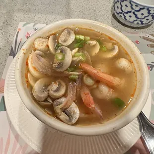 Tom Yum soup. Luke warm and not a lot of flavor.