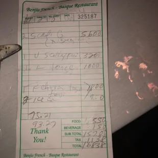 a receipt from the restaurant