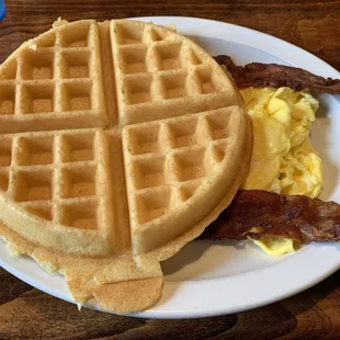 Waffle and more: comes with eggs, and your choice of bacon or sausage