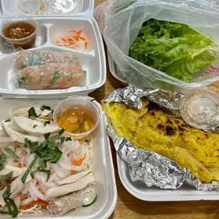 Cabbage Chicken Salad, Shrimp and Pork Spring Rolls, ban xeo