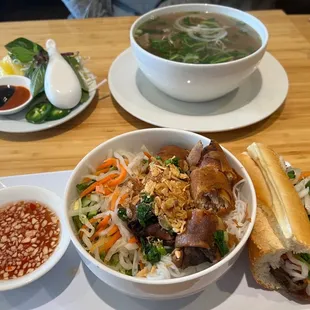 Lunch special Bahn Mi/rice and Pho Beef/ rare steak