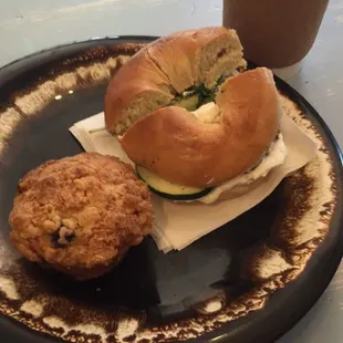 Cafe au lait, blueberry muffin and goat cheese cucumber basil bagel! Lovely company here, Diedra is great! Check it out :)