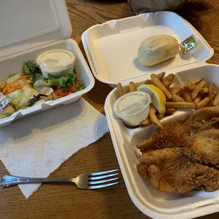 Low Country Flounder with fries and salad (takeout)