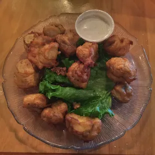 Fried mushroom appetizer with horseradish ranch dipping sauce