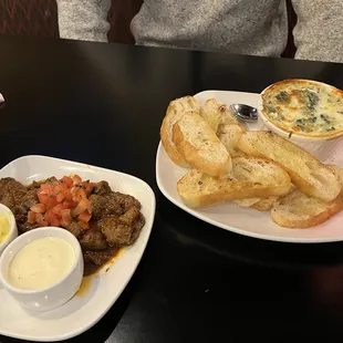 Steak bites and spinach artichoke dip.