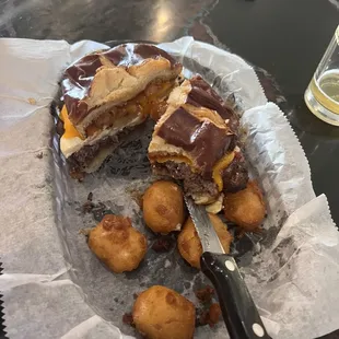 The aloha junction burger w 1/2 order of cheese curds