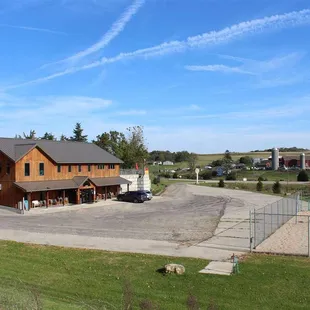a view of the barn from the parking lot