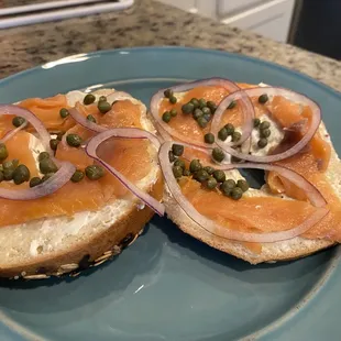 My everything bagel with cream cheese, lox, onions, capers. Classic!